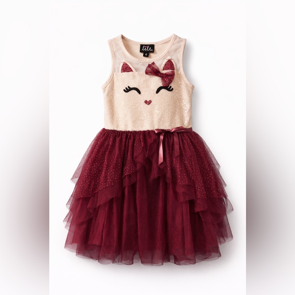 Lilt Girls Cat Face Tulle Party Dress Burgundy Gold Size 6